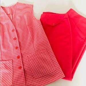 VTG 70’s Bright Pink Power Suit Plaid Button Down Vest & Pants Combo Sz 34